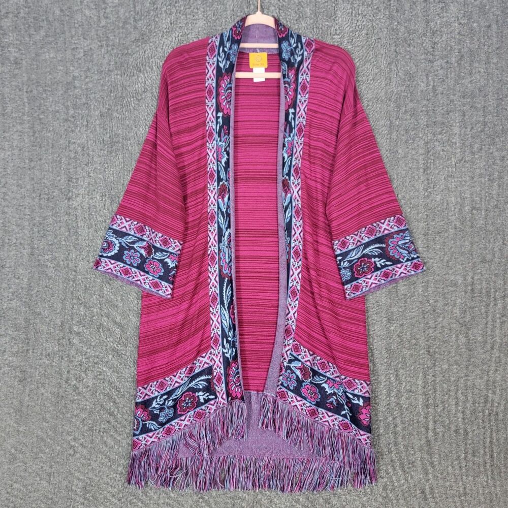 Ruby Rd Sweater Womens Medium Pink Purple Open Front Cardigan Fringed Kimono